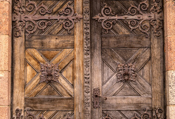 An antique wooden door with amazing iron hinges.