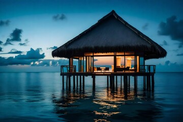 The tranquility of an overwater bungalow at twilight, its stilts casting a mesmerizing reflection on the serene, mirror-like surface of the ocean, inviting peaceful contemplation.
