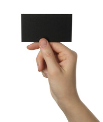 Woman with blank black business card on white background, closeup. Mockup for design