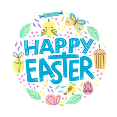 Happy easter quote with cute simple elements in a lineart style, colorful vector illustration.