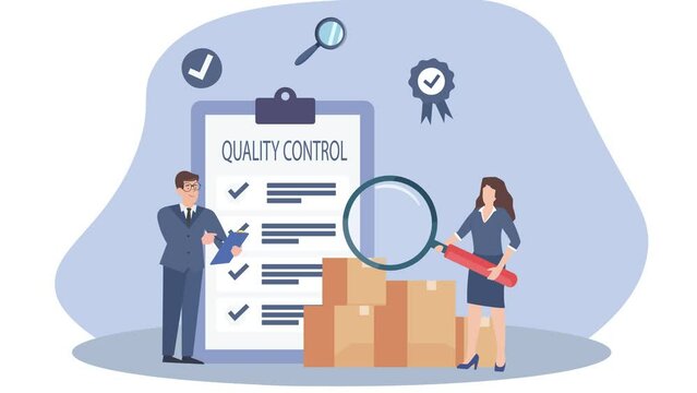 Quality Control and Inventory Management Concept animation with Business man and woman Magnifying glass and Clipboard Checkmark. Checking and Controlling Stock Supply and Goods. 
