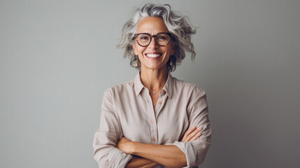 Middle age blonde woman wearing glasses standing over isolated white background with a happy and cool smile on face. lucky person. teeth person. - obrazy, fototapety, plakaty