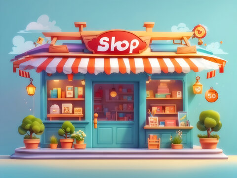 Horizontal banner for online store advertising. Small cartoon shop with traditional bright canopy, front view. Web design with 3D elements, text, and buttons.