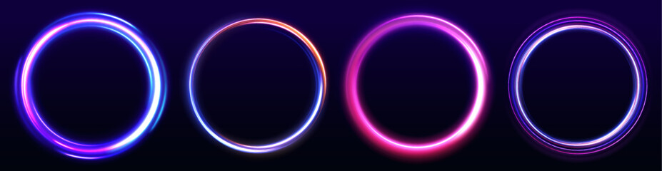 Set of neon blurry light circles at motion . Vector swirl trail effect. Abstract vector fire circles, sparkling swirls and energy light spiral frames.