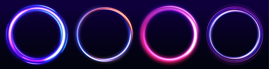 Obraz premium Set of neon blurry light circles at motion . Vector swirl trail effect. Abstract vector fire circles, sparkling swirls and energy light spiral frames.