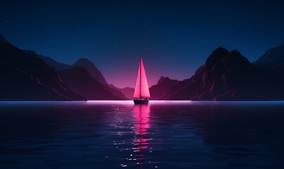 Synthwave,shot from the water,a chinese sail drifts over hills, sparkling water is crystal clear，minimalism，hyperrealistic,fluorescence, Dopamine color neon, 4k. Generative Ai

