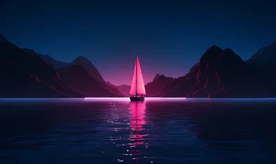 Rolgordijnen Synthwave,shot from the water,a chinese sail drifts over hills, sparkling water is crystal clear，minimalism，hyperrealistic,fluorescence, Dopamine color neon, 4k. Generative Ai   © Handz