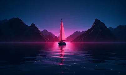 Deurstickers Synthwave,shot from the water,a chinese sail drifts over hills, sparkling water is crystal clear，minimalism，hyperrealistic,fluorescence, Dopamine color neon, 4k. Generative Ai   © Handz