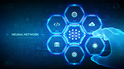 Fototapeta premium Neural network concept. AI. Artificial Intelligence. Machine Learning. Deep learning. Big data. Wireframe hand places an element into a composition visualizing Neural network. Vector illustration.