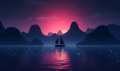 Fototapeta na wymiar Synthwave,shot from the water,a chinese sail drifts over hills, sparkling water is crystal clear，minimalism，hyperrealistic,fluorescence, Dopamine color neon, 4k. Generative Ai