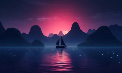 Fotobehang Synthwave,shot from the water,a chinese sail drifts over hills, sparkling water is crystal clear，minimalism，hyperrealistic,fluorescence, Dopamine color neon, 4k. Generative Ai   © Handz