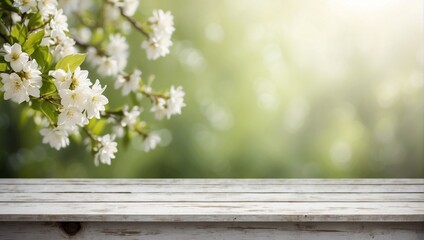 Background with an empty wooden table and a branch of white flowers. Spring or summer wallpaper with an empty space. Natural bokeh. Rays of light. Daylight. - Powered by Adobe