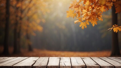 Naklejka na ściany i meble Background with an empty wooden table and a branch of autumn foliage. Autumn forest wallpaper with an empty space. Natural bokeh. Rays of light. Daylight. 