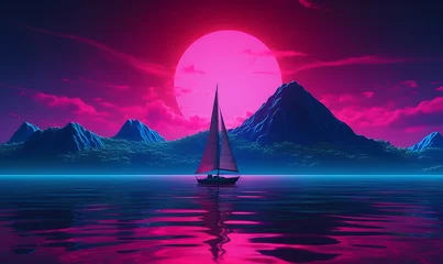 Schilderijen op glas Synthwave,shot from the water,a chinese sail drifts over hills, sparkling water is crystal clear，minimalism，hyperrealistic,fluorescence, Dopamine color neon, 4k. Generative Ai   © Handz