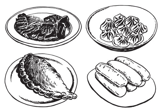 Vector illustration of khinkali , steak and  khachapuri on a palte, food illustration on white background. Graphical elements for caffe banner design	