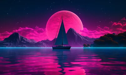 Zelfklevend Fotobehang Synthwave,shot from the water,a chinese sail drifts over hills, sparkling water is crystal clear，minimalism，hyperrealistic,fluorescence, Dopamine color neon, 4k. Generative Ai   © Handz