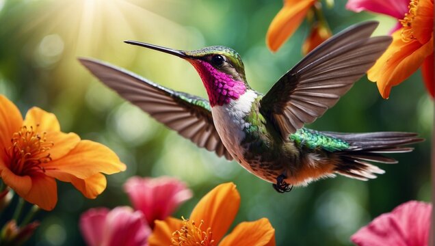 Hummingbirds in flight. Beautiful colorful exotic tropical flowers. Bright juicy colors, summer. A little bird among the flowers. Rays of light. Nature wallpaper.