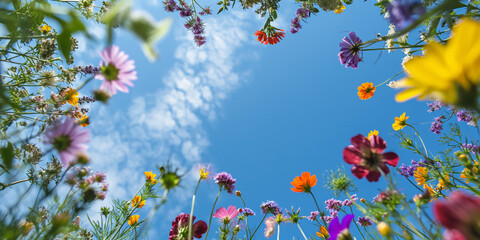Wunderschöne Blumen im Kreis mit Himmel als Hintergrund, ai generativ