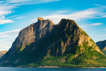 Beautiful seascape in North Norway. View of the picturesque coast with the mountains from the boat....