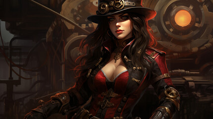 Woman with dark military dress in steampunk style, halloween motive