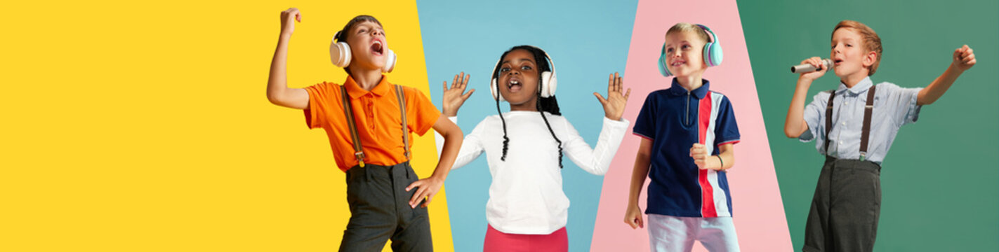 Collage. Happy, positive children listening to music in headphones, singing, having fun over multicolored background. Concept of childhood, emotions, lifestyle, hobby. Banner