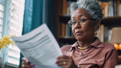Senior african american woman reading a paper, representing bills and paperwork, worried look on her face, cost of living and budget concept hd