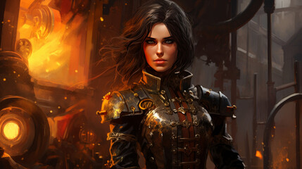 Woman with dark military dress in steampunk style, halloween motive