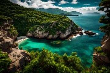 A rugged cliffside with emerald greenery framing a secluded cove kissed by crystal-clear waters.