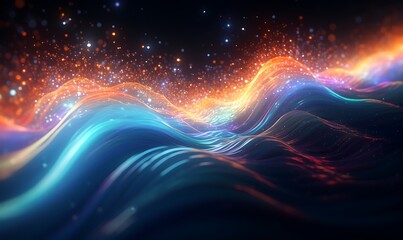 Fototapeta na wymiar Wave of bright particles. Sound and music visualization. Generative Ai
