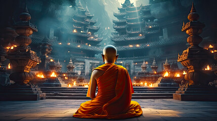 Back view of buddhist monk meditating inside mountain temple. Postproducted generative AI illustration.