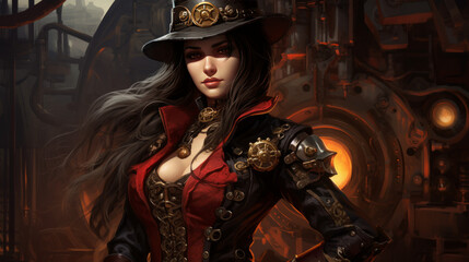 Woman with dark military dress in steampunk style, halloween motive