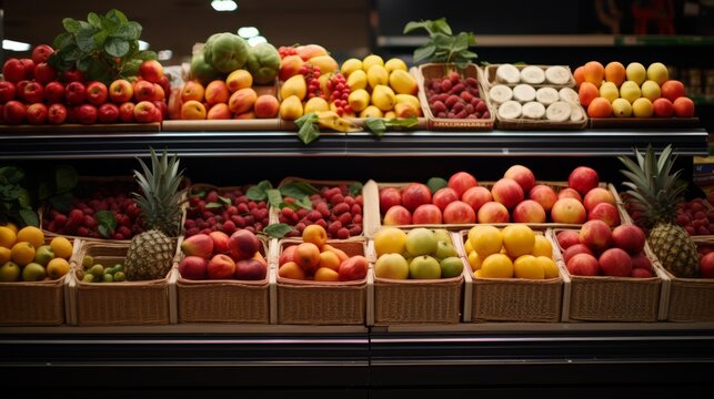 Prepackaged fruits, berries in containers, supermarket shelves: strawberries, grapes, blackberries, plums. Photo mockup from afar. Horizontal banking for web. Photo AI Generated