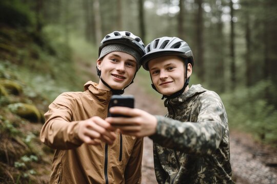 cropped shot of two young men taking a picture while out for mountain biking