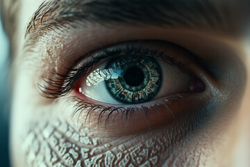 Fototapeta premium A close-up of a person's face, focusing on the eyes that reflect a storied history, surrounded by cultural motifs created with Generative Ai