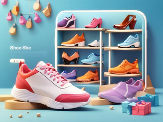3D Online shopping for footwear. Mobile application of shoe store. Different types of models for men and women. Vector concept in 3d style. Banner with space for additional information.