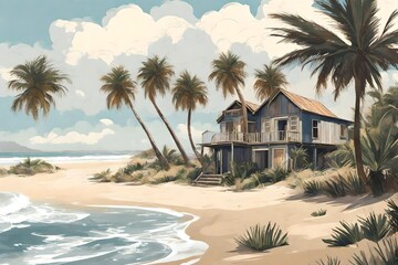 A cozy seaside home with a weathered facade, framed by towering palm trees, offering glimpses of a sandy beach and rolling waves in the distance.