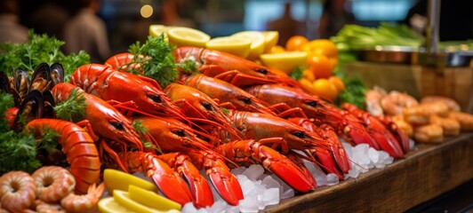 Fototapeta premium Wooden counter with lobsters and seafood on ice, decorated with lemon, greens. Photo on the background of the store, close-up shot from the side. Horizontal banking for web. Photo AI Generated