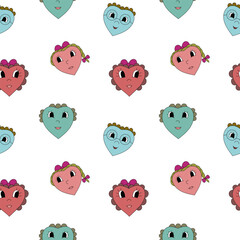 Cute pattern with smileys in the form of hearts, background with a variety of hearts.