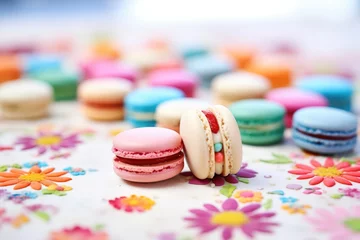 Fototapeten multicolored macarons with focus on raspberry flavor in front © primopiano