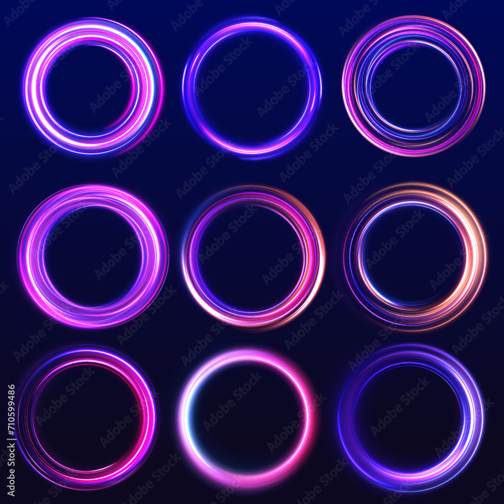 Poster Abstract bright neon loop with transparency. Glowing spiral cover.Neon light circle of speed in the form of a round whirlpool. 