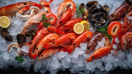 Seafood: lobsters, mussels, shrimps on ice, decorated with lemon, greens. Photo from above. Horizontal banking for web. Photo AI Generated