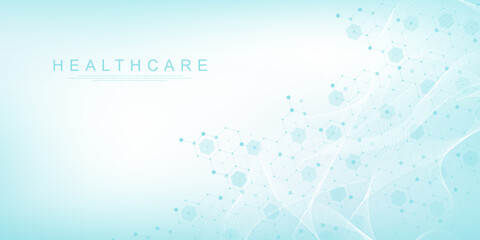 Modern health care or medical background design. Health care innovation concept. Horizontal header web banner. Abstract geometric background with hexagon shapes for medicine, science, chemistry.