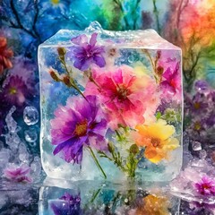 watercolor flowers background.a vibrant and enchanting scene featuring pretty flowers frozen in an ice cube, showcasing a rainbow of colors. The composition should capture the delicate beauty of the f