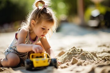 Adorable little girl playing with sand and car on sunny summer day. Sandbox. Childhood Concept with a Copy Space.	
