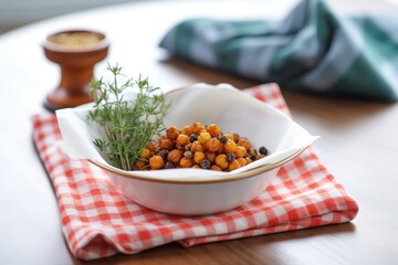 roasted chickpeas in a ceramic dish with cloth napkin