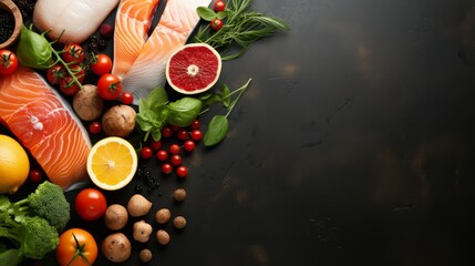Product shopping concept mockup on a black background: salmon, basil, tomatoes, citrus fruits, broccoli. Photo mockup, top view. Horizontal banking for web. Photo AI Generated - obrazy, fototapety, plakaty