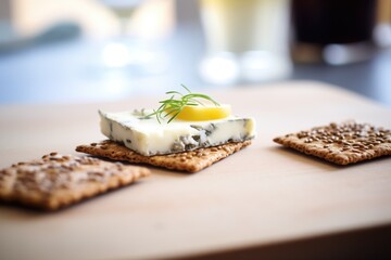 rye cracker sandwich with swiss cheese, close-up shot