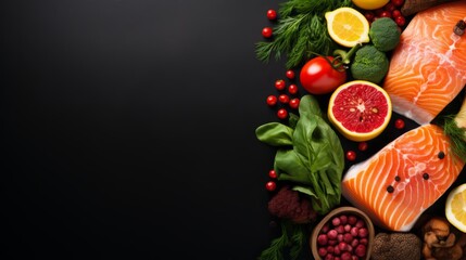 Product shopping concept mockup on a black background: red fish, spinach, berries, citrus fruits, spices. Photo mockup, top view. Horizontal banking for web. Photo AI Generated - obrazy, fototapety, plakaty