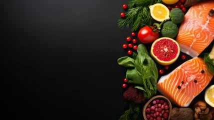 Product shopping concept mockup on a black background: red fish, spinach, berries, citrus fruits, spices. Photo mockup, top view. Horizontal banking for web. Photo AI Generated © Anastasia