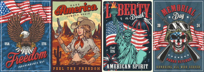 American holidays set flyers colorful